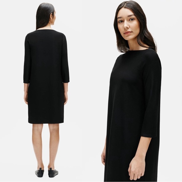 Eileen Fisher • Washable Stretch Crepe Shift Dress boat neck aqua blue - Picture 10 of 10